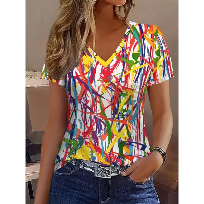 Simple, fashionable, elegant, abstract painting, colorful stripes, graffiti lines, graphics, fully printed, breathable V-neck short sleeved T-shirt S