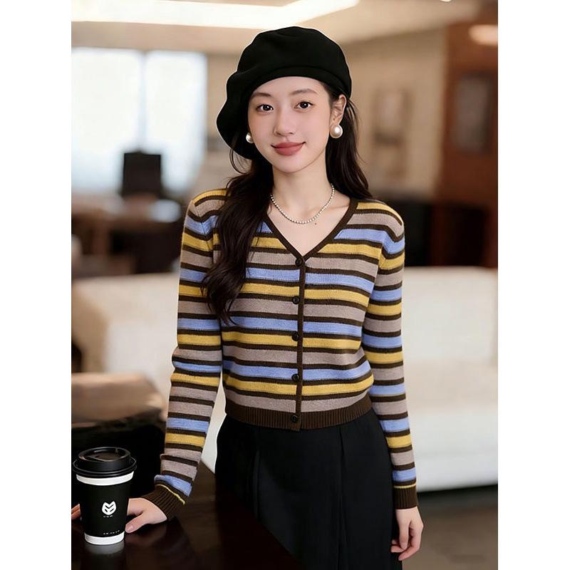 Elegant V-neck Striped Long-sleeve Knit Cardigan for Women - Autumn Fashion Highlight