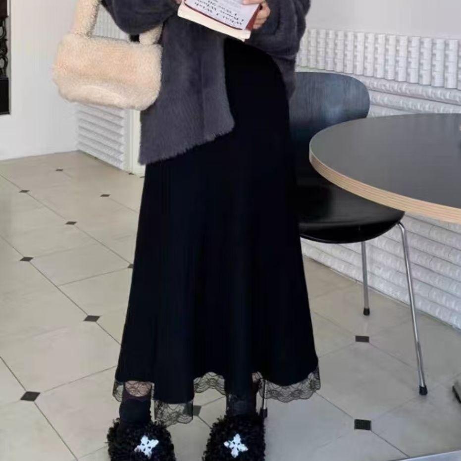 Korean-Style Women's Autumn Winter High Waist Slim-Fitting Knitted Midi Skirt with Lace Trim A-Line Versatile Knitted Skirt