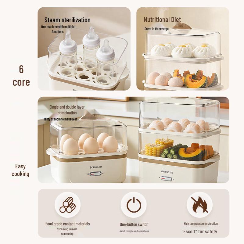 CHIGO Dual-Layer Multi-functional Automatic Egg Cooker Steamer CN plug (adapter included)