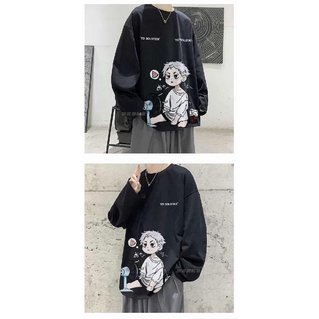 2024 Herren Langarm T-Shirt Herbst Unterhemd Langarm Baumwolle Herbst Hong Kong Stil Druck Lose Trendy Top