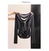 Korean Style Faux Two-Piece Long-Sleeve Shawl T-Shirt for Women - Spring/Autumn Layering Top