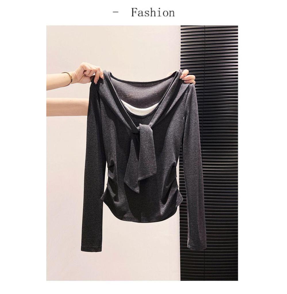 Korean Style Faux Two-Piece Long-Sleeve Shawl T-Shirt for Women - Spring/Autumn Layering Top