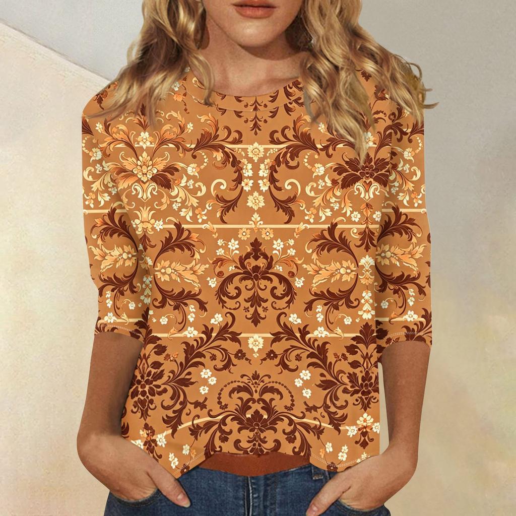 Women's Casual Three Quarter Sleeve Floral Print Top Round Neck Blouse Lightweight Comfortable Fit Suitable for Everyday Wear