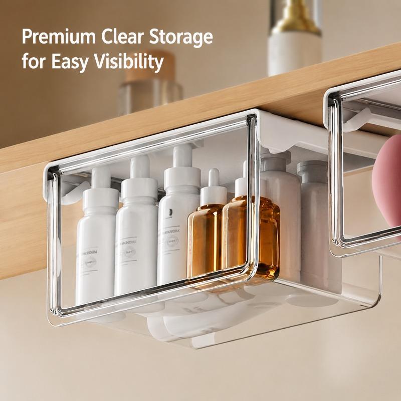 Under Sink Drawer Organizer, Clear ABS+PET Cosmetic Storage Box for Bathroom, Lipstick Cotton Pad Holder, Small Medium Large