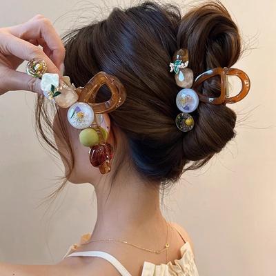 Clip a Pinza Retrò Coreano con Fiori Immortali Femminile Nuovo di Alta Gamma per la Parte Posteriore della Testa Temperamento Clip a Squalo Artigli per Capelli Mujeres
