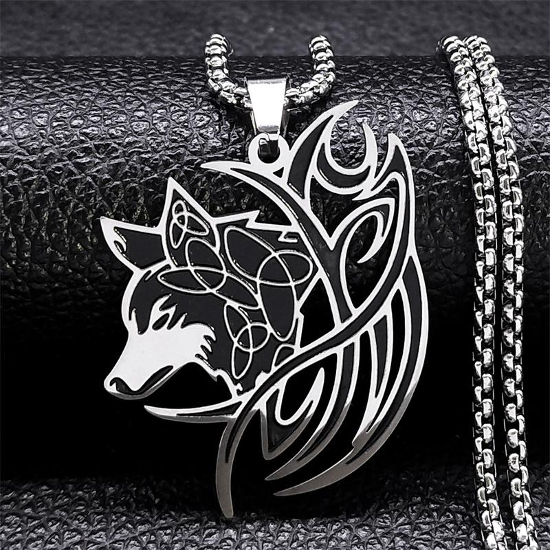 Viking Wolf Knot Necklace Stainless Steel Valknut Odin Norse Symbol Jewelry for Men Women N7802S01