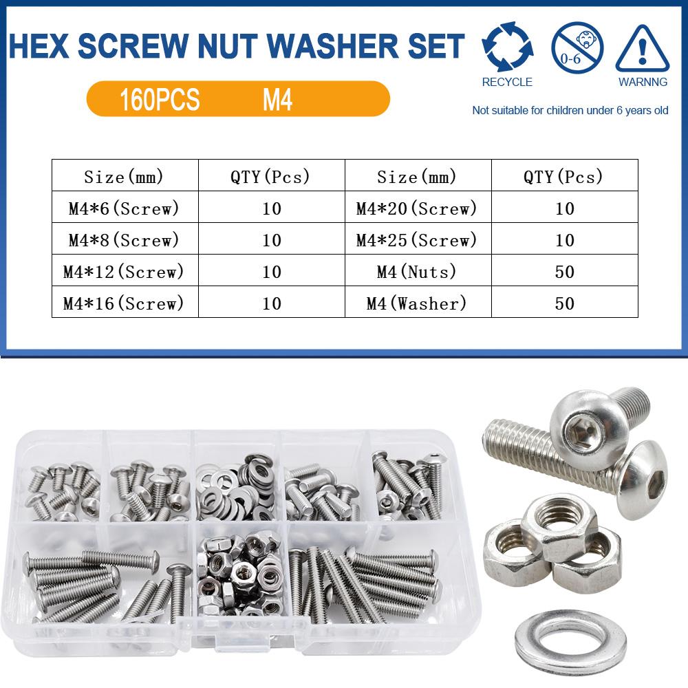 304 Stainless Steel Allen Screw Bolt Nut Washer Set Metric Threaded Hex Machine Screws Nuts Gaskets Kits With Box M2 M3 M4 M5 M6