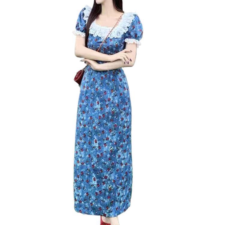 Large size French blue floral lace splicing dress women's summer fat MM niche temperament Mori style long skirt