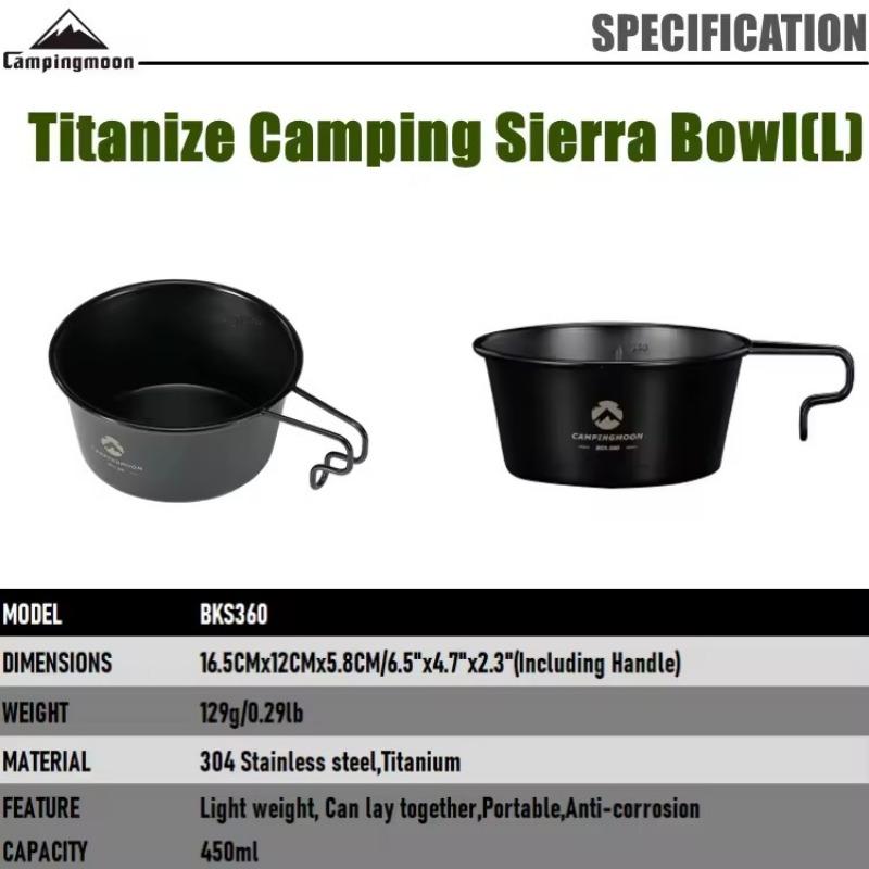 CAMPINGMOON Outdoor Titanium Coating Bowl for Picnic 450ml Handle 304 Stainless Steel Outdoor Camping Cookware