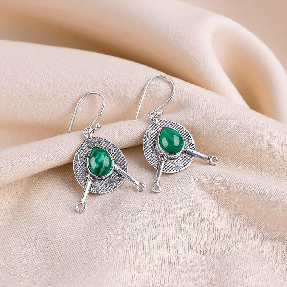Rare Malachite Gemstone 925 Sterling Silver Jewelry Handmade Hook Earrings 1.86" EE-78-18