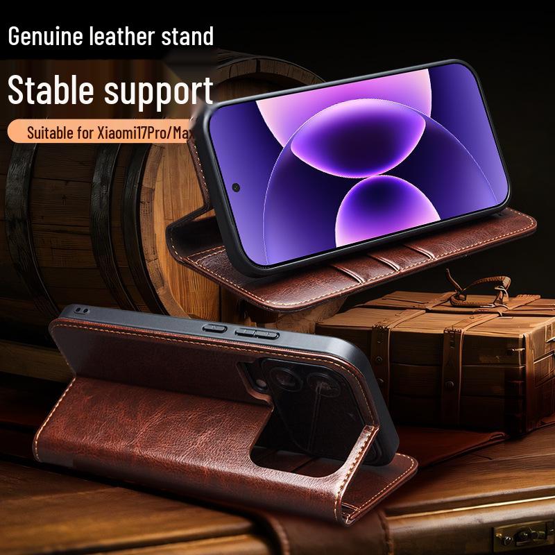 Chali Genuine Leather Xiaomi 17 Pro Max Flip Phone Case with Stand & Lens Protection