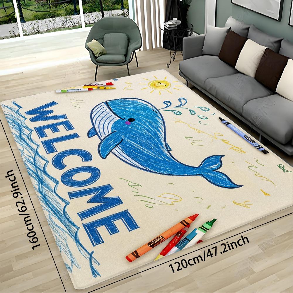 Whale Welcome Design Doormat Childlike Painting Style Blue Whale Sun Crayon Non-slip Entrance Living Room Machine Washable
