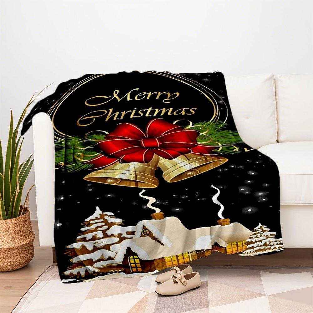 Christmas Bells with Red Bow and Snowy House Greeting CardBlanket Flannel Throw Blanket for Sofa, Bed, Travel, Camping, Office