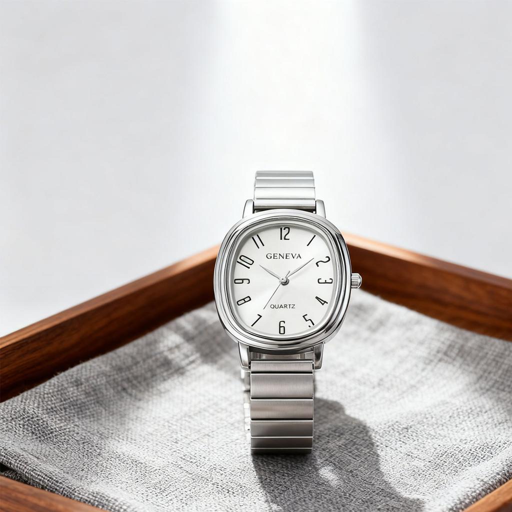 6pcs/Set-Fashion Trendy Steel Strap Bamboo Knot Watch Shining Square Dial Ring Necklace Set - Retro Style