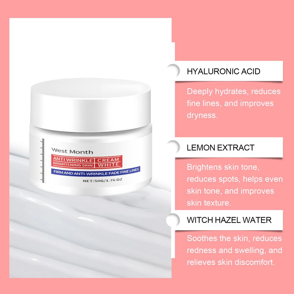 Facial skincare cream: hydrates, moisturizes, firms the skin, reduces the appearance of fine lines, and provides a radiant glow