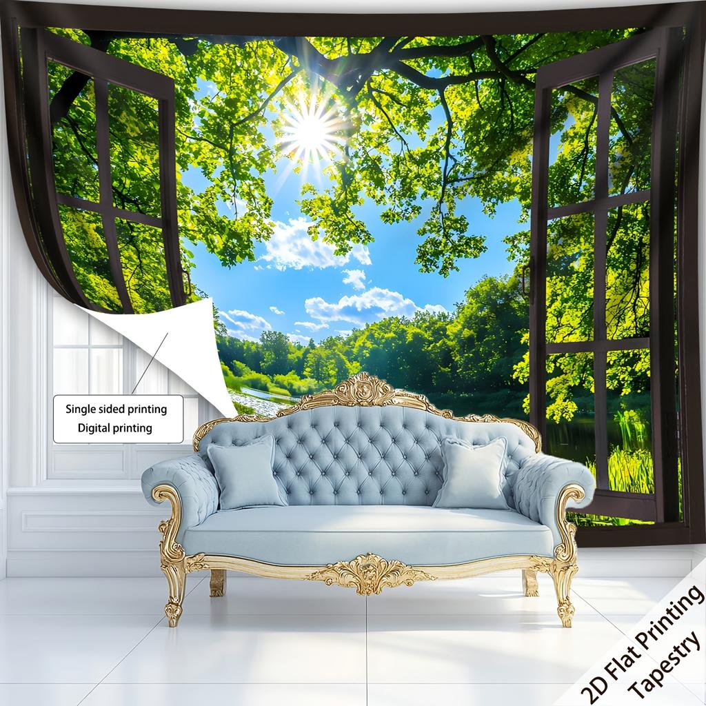 1Pc Forest Lake Sunshine Window View Tapestry Wall Hanging, Decorative Fabric Poster for Bedroom, Living Room, Dorm & Home Decor