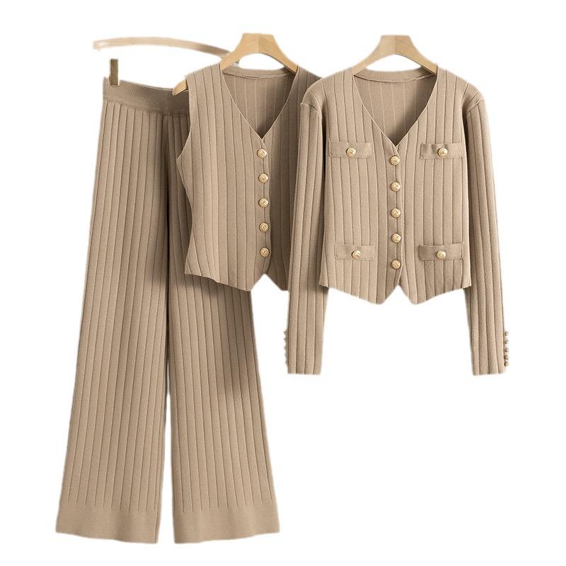 Korean Slim Fit Fragrant Wide-Leg Pants & Sweater 3-Piece Set for Women - 2025 Spring/Autumn