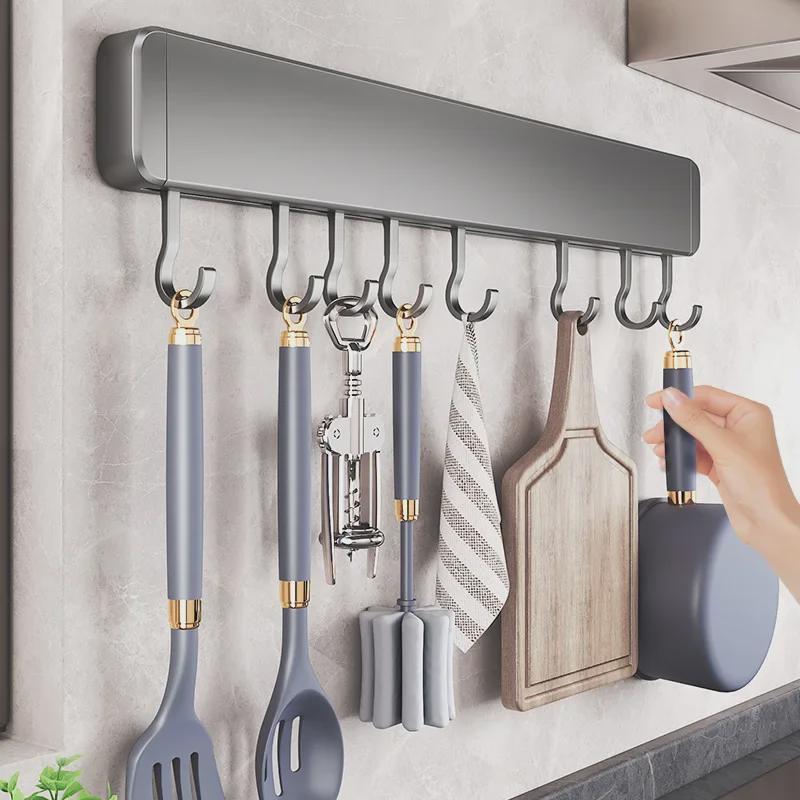Seamless Kitchen Hook Rack: Punch-Free Space Aluminum Hanging Rod for Spatula & Spoon