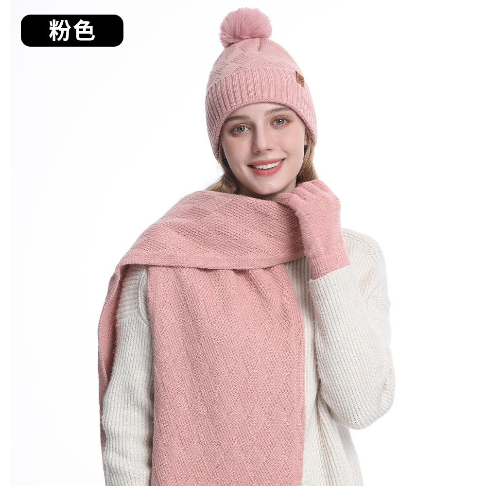 Autumn and Winter Wool Knitted Hat Warm Double Layer Piled Thickened Women's Hat Scarf Gloves Three-piece Set
