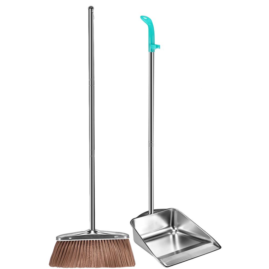 Stainless Steel Broom Dustpan Set with Long Handle Durable Non Stick Hair Sweeping Cleaning Tools for Household Indoor Floor