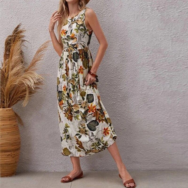 Abito Lungo Estivo in Cotone Stile Inglese con Stampa Floreale Senza Maniche per Donna Albicocca Casual a Vita Alta
