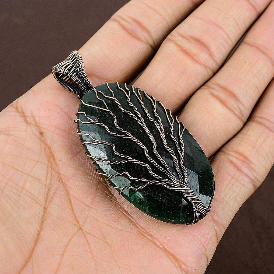 Emerald Natural Gemstone Handmade Copper Wire Wrap Pendant 2.84" l7G71