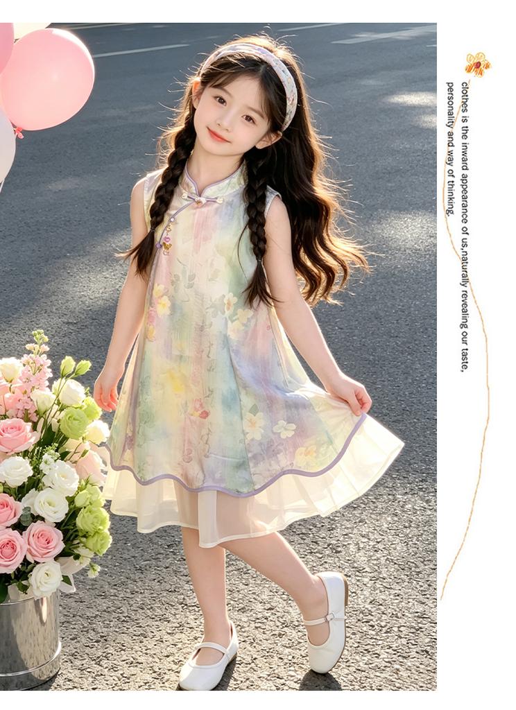 Girls' Summer Cheongsam Dress with Floral Print