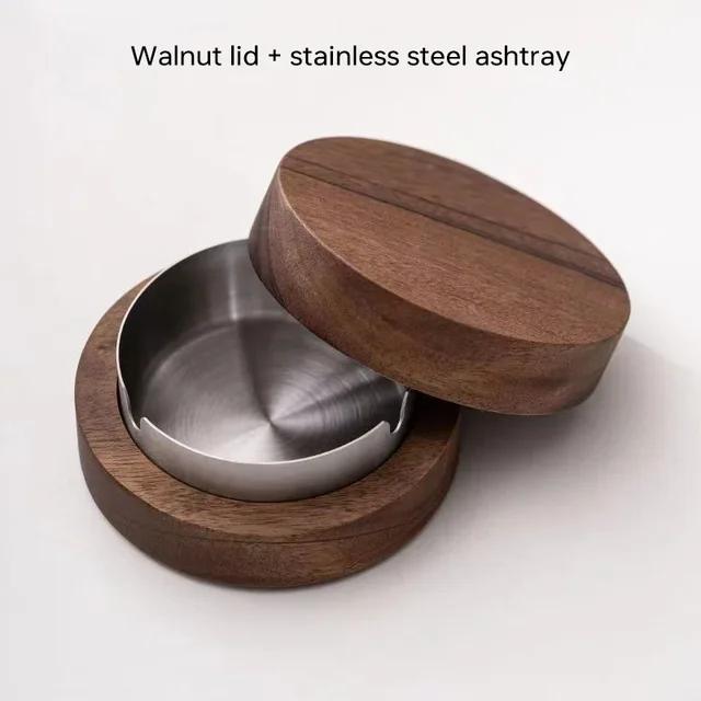 Creative Wooden Ashtray with Lid Stainless Steel Lining Windproof Smoke Proof Durable Easy To Clean Ashtray Cigar Box Decoration
