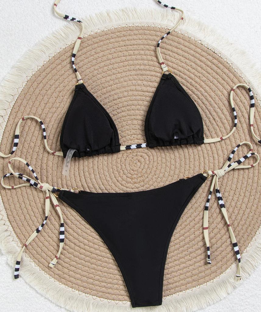 Damen Badeanzug Schwarz Kontrastfarbe Sexy Neckholder Rückenfrei Bikini Anzug Strandmode Badeanzüge