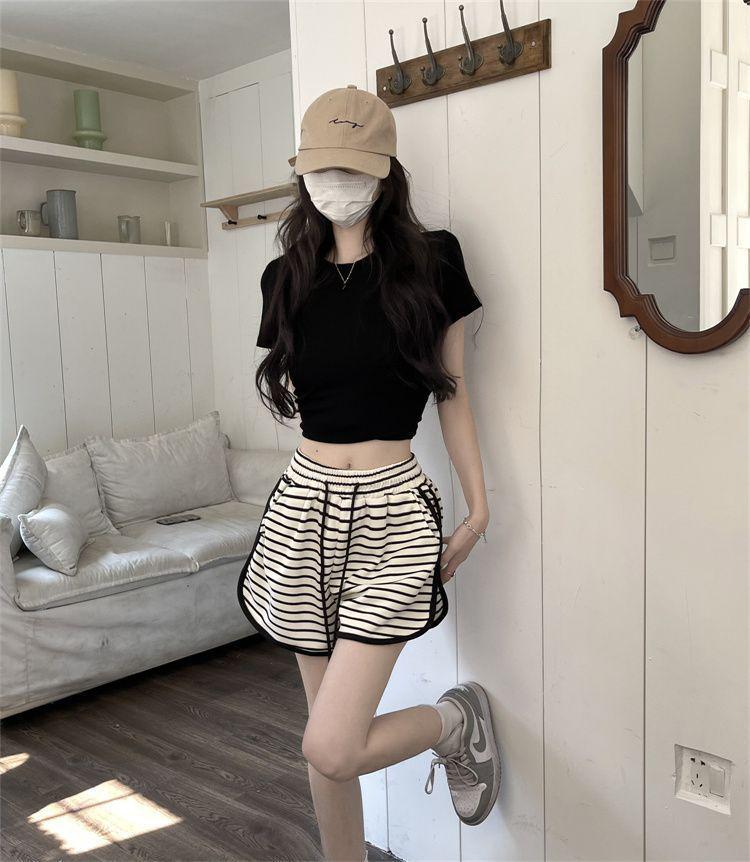Women's High Waist Black & White Striped Summer Sports Shorts - Slimming A-Line Wide Leg Design