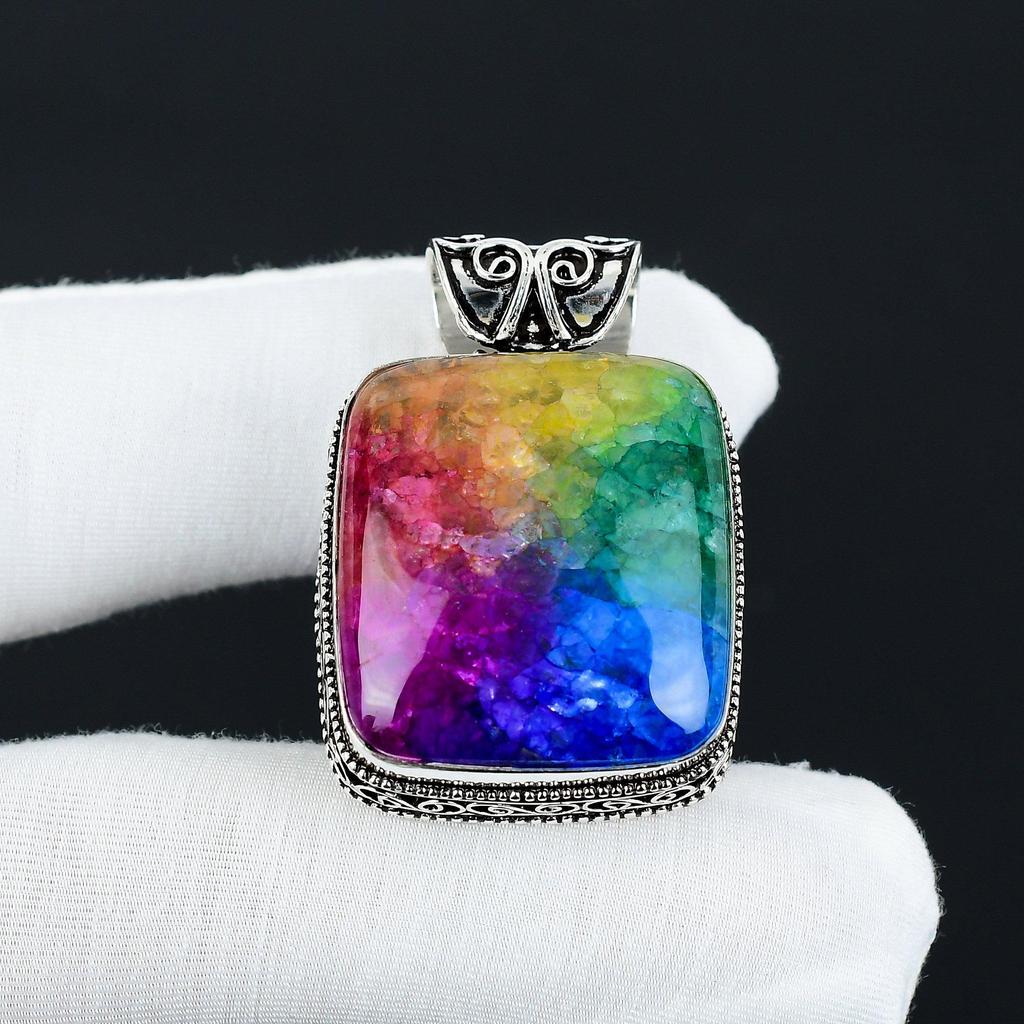 Natural Rainbow Solor Quaraz Gemstone Silver Pendant In 925 Sterling Silver- Handmade Heart Design, Everyday Wear Jewelry, Unique Pendant Gifts