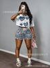 European and American street style number star print short T-shirt, elastic waist shorts, lazy two-piece outfit