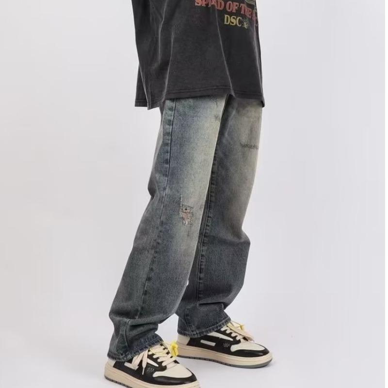 American retro jeans men's spring and autumn high street straight loose wide legs trendy brand heavy drape pants trend