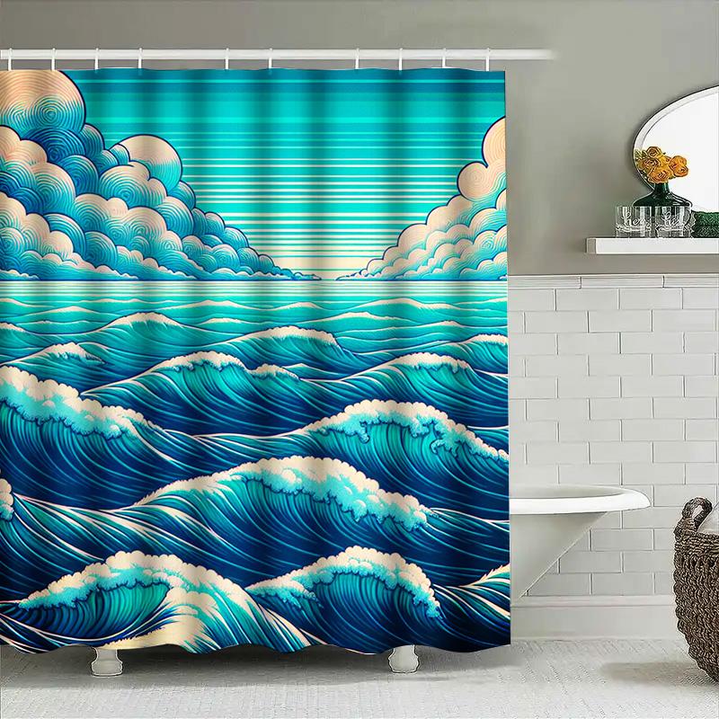 Ocean Blue Waves Shower Curtain With Clouds Waterproof Fabric For Bathroom Decor Artistic Modern Design 72X84 Inches