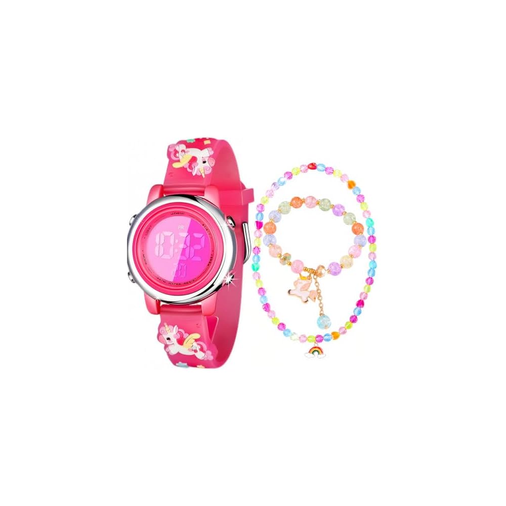 Unicorn Red Digital Watch for Girls with 7 Color LED, Waterproof, Stopwatch, Alarm, Jewelry Set with Necklace and Bracelet