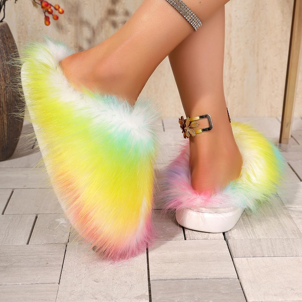 Fashion Women Flat Half Slippers Lightweight Slides Women Luxury Fur Slippers Women Round Toe Raccoon Fur Slides Woman Comfortable Shoes