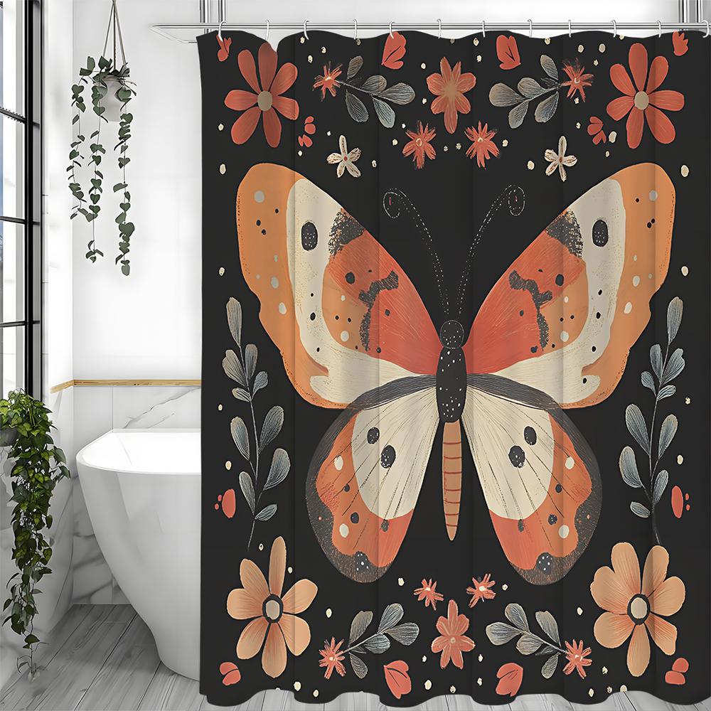 Schmetterling Floral Duschvorhang, Badezimmer Dekorativer Duschvorhang, Wasserdichter Duschvorhang mit Haken