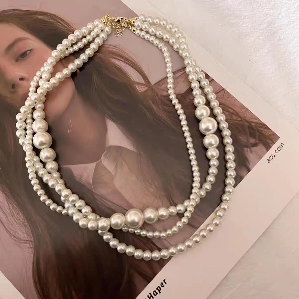 Y2K Layered Pearl Necklace for Women, Multi Layer French Retro Choker, Dainty Minimalist Stackable Pendant Chain, Daily Elegant Jewelry Gift