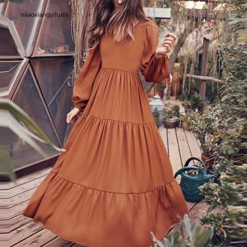 Women S Vintage Ethnic Style Pleated Long Dress V Neck Long Sleeve Loose Fit Solid Color