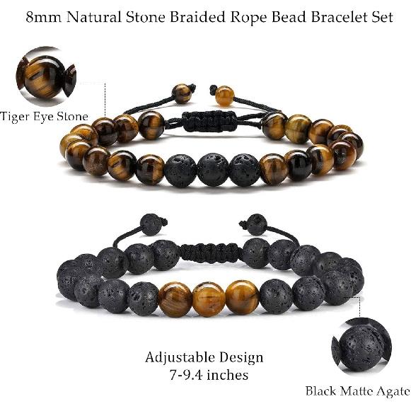 M MOOHAM Mens Bracelet - Beaded Natural Stone 8mm Tiger Eye Matte Agate Lava Rock Bracelets for Men Teen Boys Grandpa Dad Birthday Gifts Jewelry