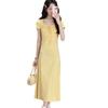 Yellow Dress Pure Wind Floral Sweet Slim Temperament Dress Full Lace Square Collar Medium and Long Inner Skirt