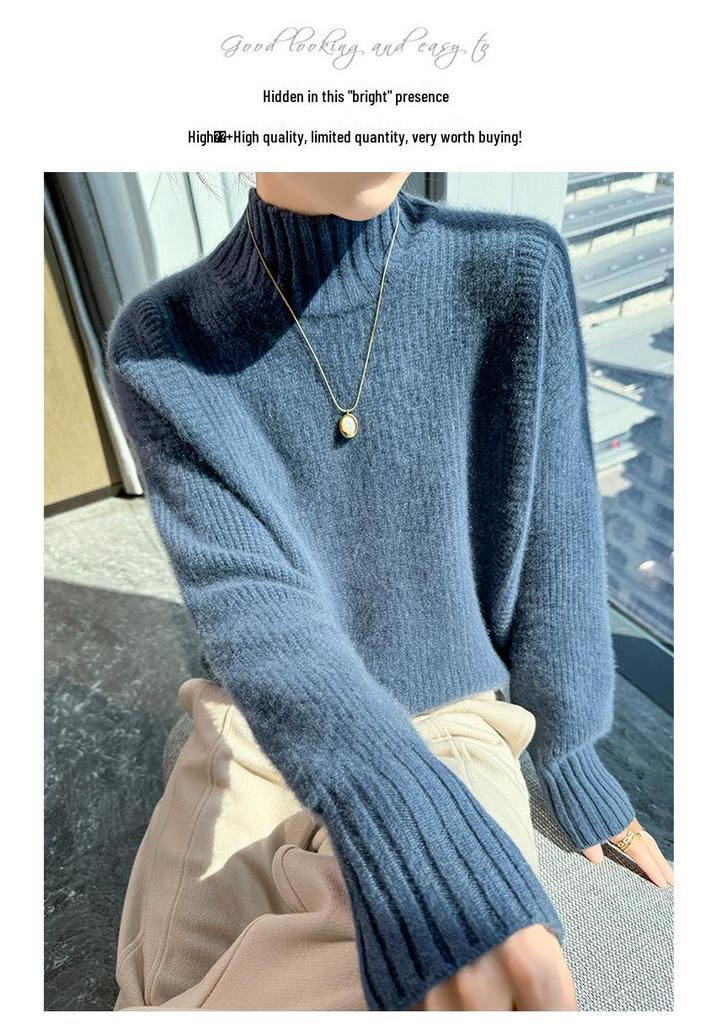 Solid Color Wool Thick Knit Sweater - 2024 Autumn/Winter Collection, Warm and Loose with Half-High Round Neck