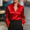 Damen Farbvielfältig Locker Satin Langarm Hemd Top