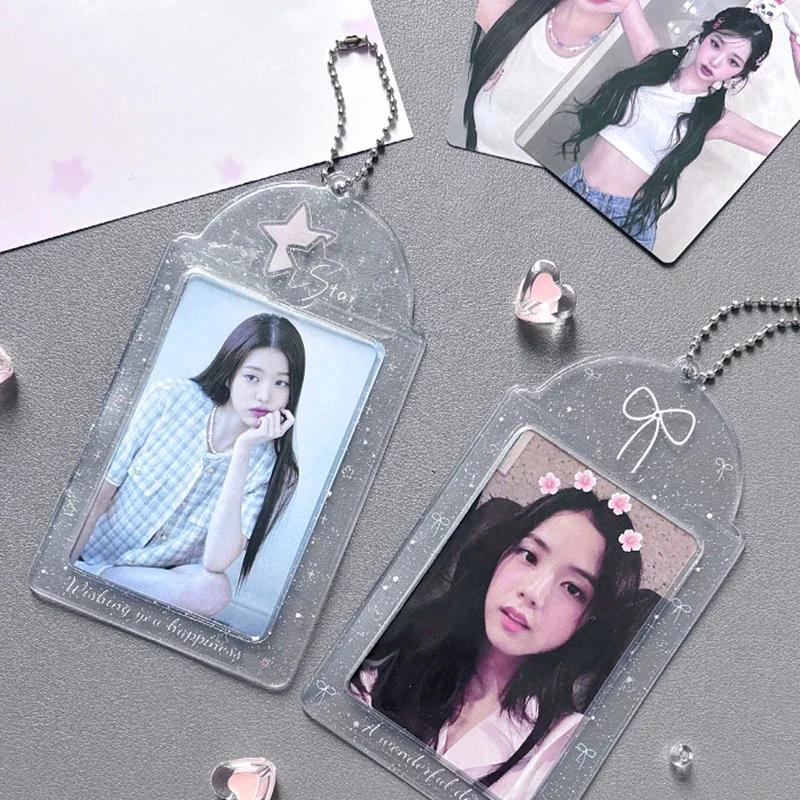 Transparent Glitter Hearts Photo Card Holder Kpop Meal Card Bus Card Sleeves Photocard Protective Cover Pendant 1PC