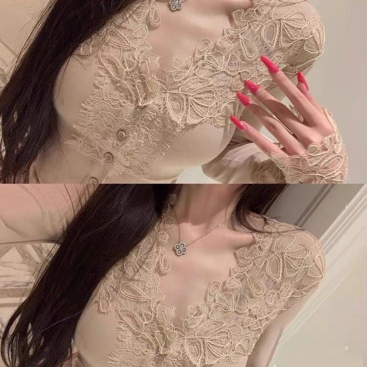 Autumn/Winter Elegant Patchwork Lace Long-Sleeve Slimming Top