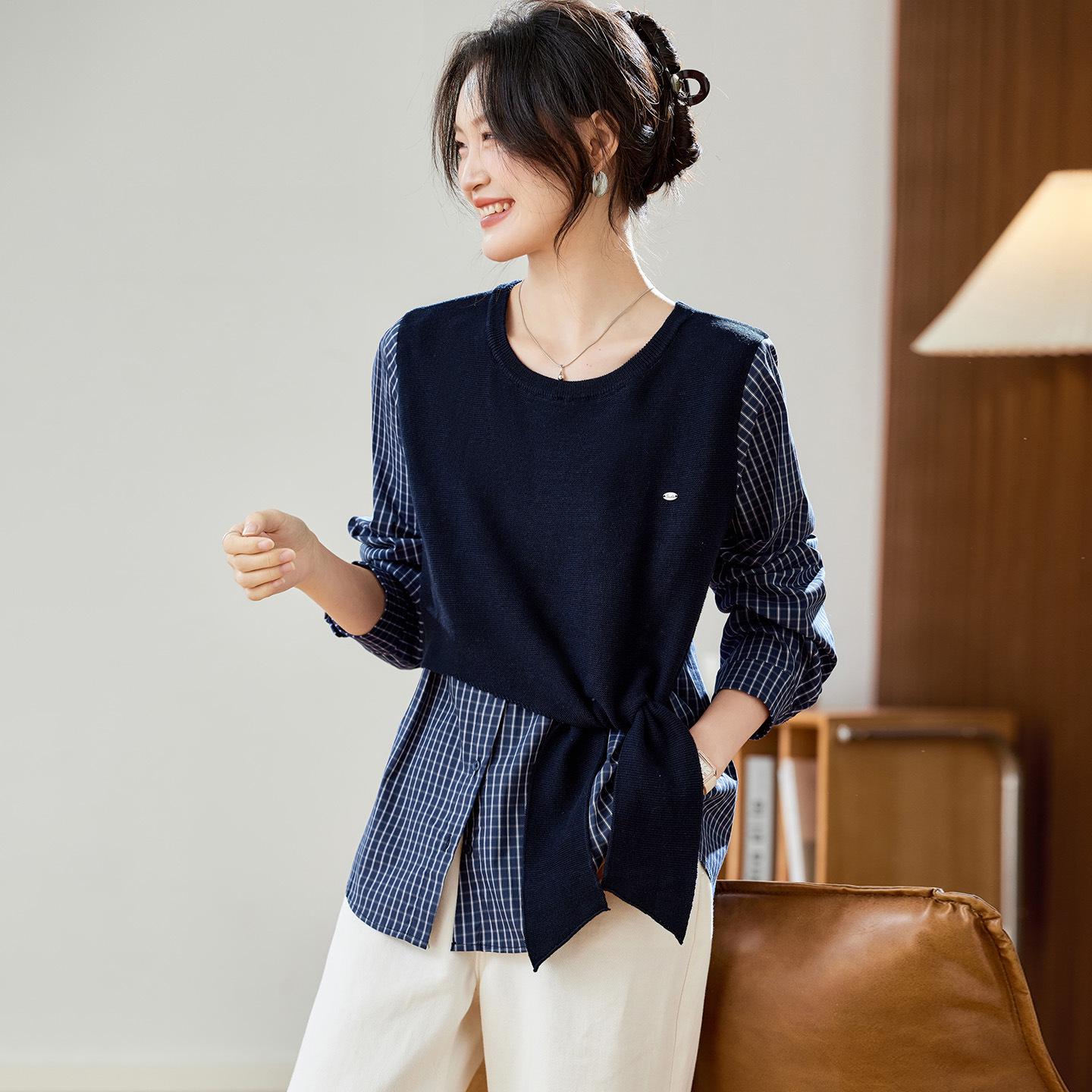 

Клетчатая хлопковая рубашка-кокон из двух частей с вязаной шалью - Женская коллекция осень/зима 2025 темно-синий