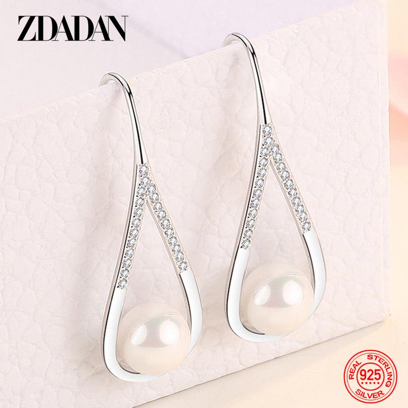 925 Sterling Silver Drop Shaped Pearl Zircon Dangle Earring for Women Charm Engagement Jewelry Party Gift