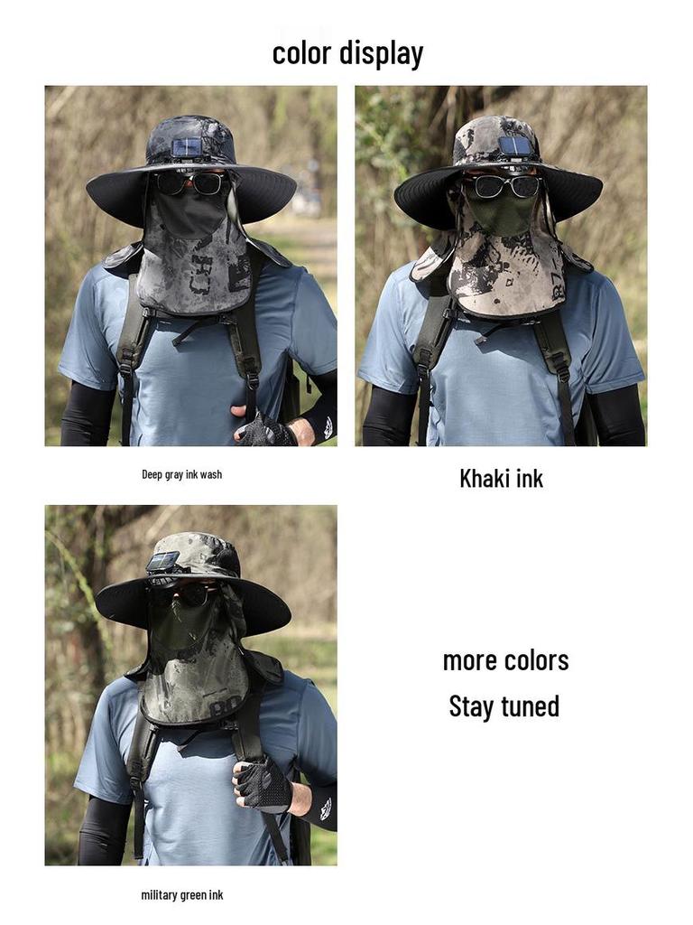 Men's Solar Rechargeable Sun Hat with Dual Fans and Face/Neck Protection for Summer Outdoor Hiking