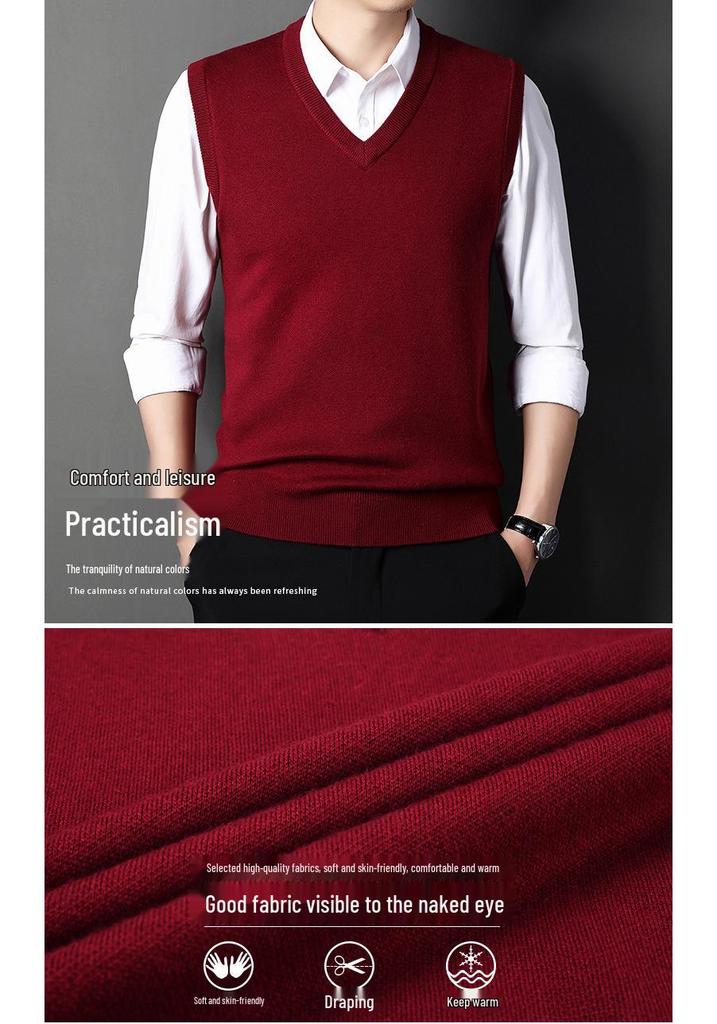 Men's Autumn/Winter V-Neck Wool Knit Vest - Solid Color Sleeveless Knitwear for Middle-Aged Men